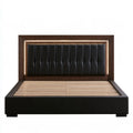 Queen Size LED Upholstered Platform Bed Frame, 64 x 86 x 58 in, Black and Dark Brown PU Leather and Solid Wood