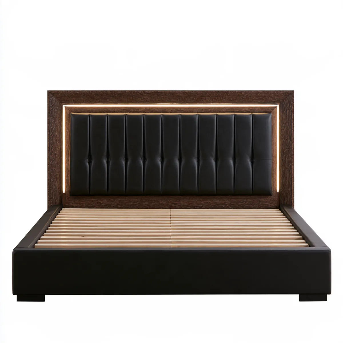 Queen Size LED Upholstered Platform Bed Frame, 64 x 86 x 58 in, Black and Dark Brown PU Leather and Solid Wood