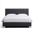 Queen Upholstered Platform Bed Frame, 66 x 86 x 48 in, Dark Gray Polyester Fabric, Silver Feet