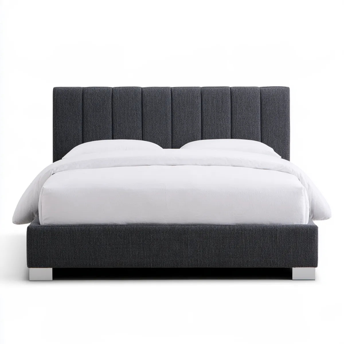 Queen Upholstered Platform Bed Frame, 66 x 86 x 48 in, Dark Gray Polyester Fabric, Silver Feet