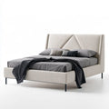 Queen Upholstered Platform Bed Frame, 86.0 x 65.0 x 48.0 in, Cream Polyester Bouclé with Black Steel Legs