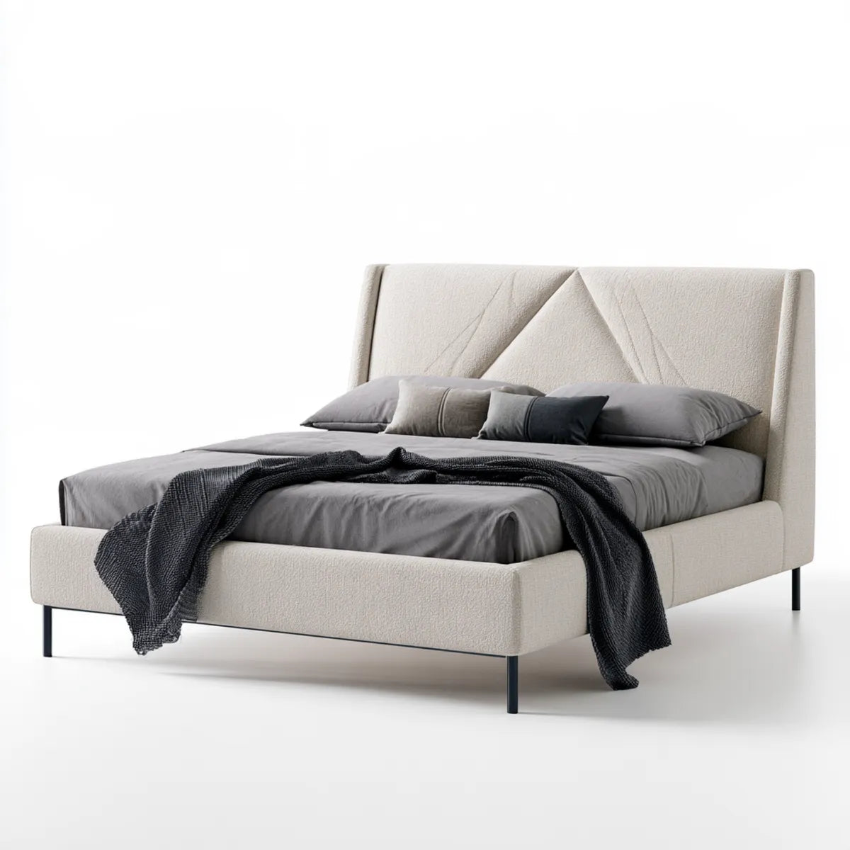 Queen Upholstered Platform Bed Frame, 86.0 x 65.0 x 48.0 in, Cream Polyester Bouclé with Black Steel Legs