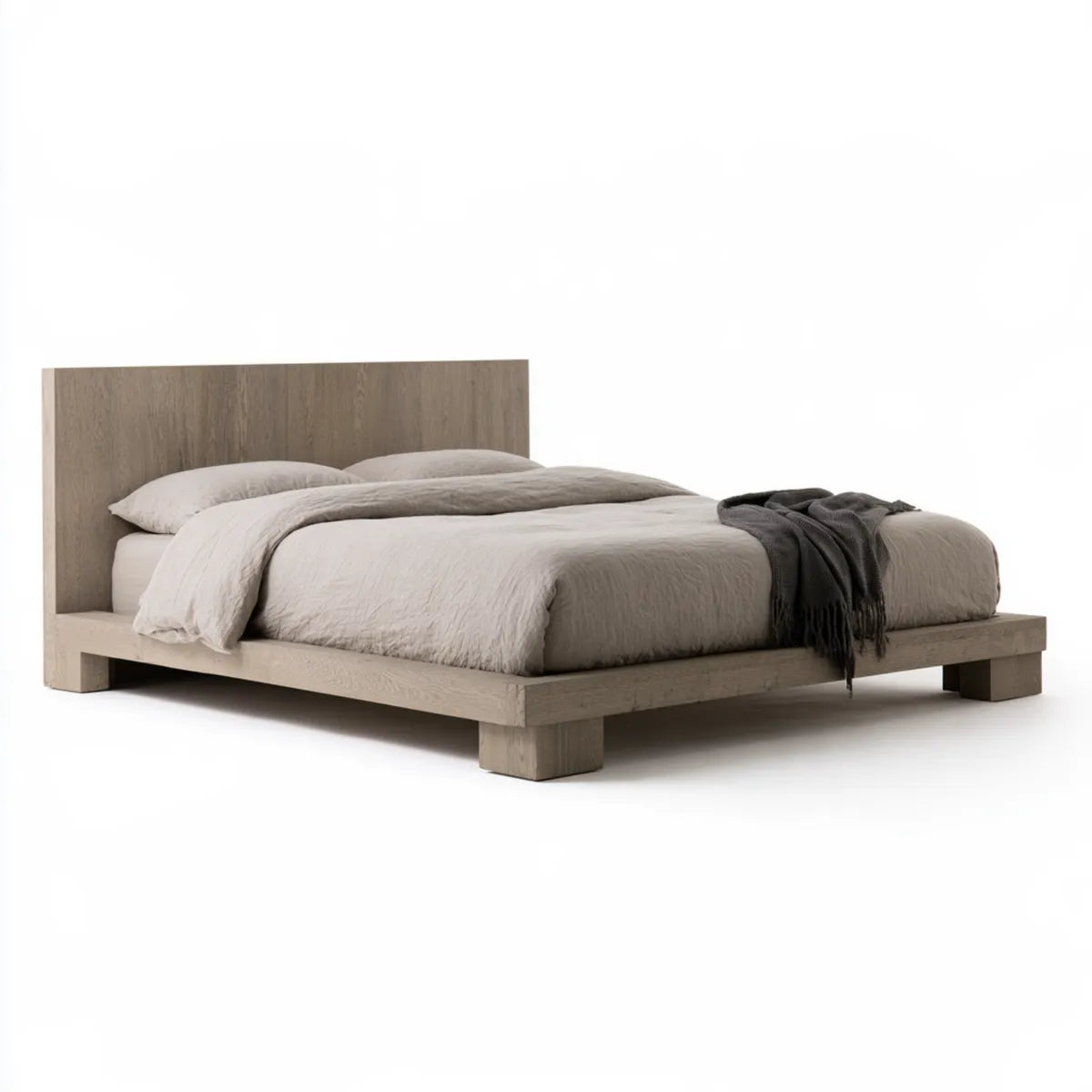 Queen Wood Platform Bed Frame with Headboard, 86 x 66 x 42 in., Gray Oak