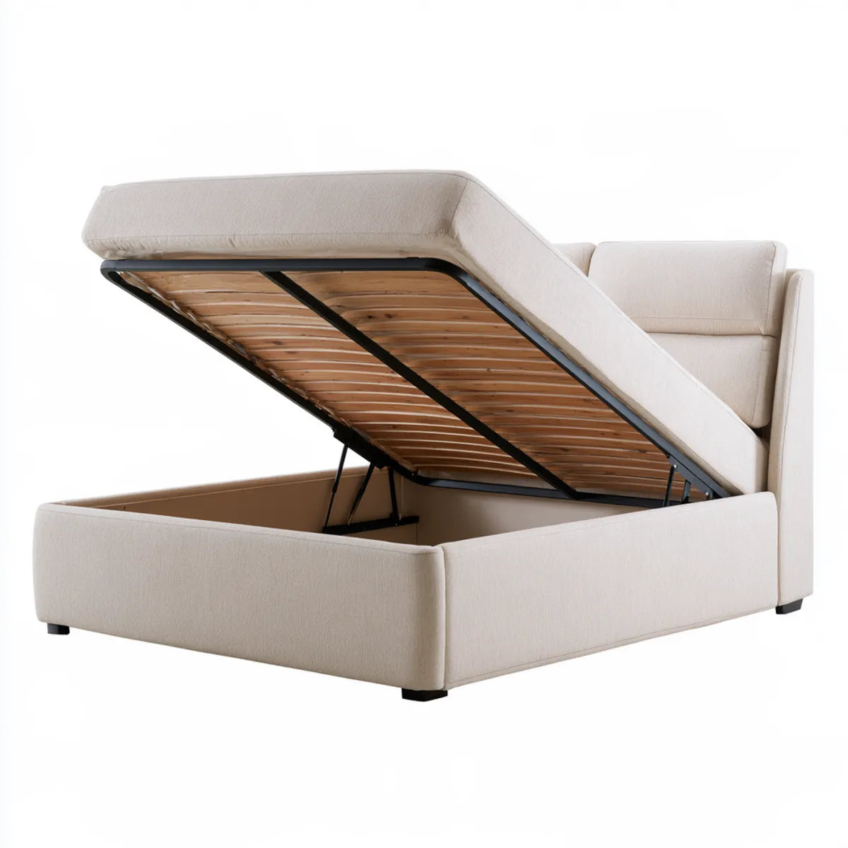 Queen Hydraulic Lift Storage Bed Frame, 85 x 64 x 45 in, Ivory Polyester Upholstery