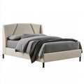Queen Upholstered Platform Bed Frame, 64 x 85 x 48 in, Beige Polyester Fabric with Wingback Headboard