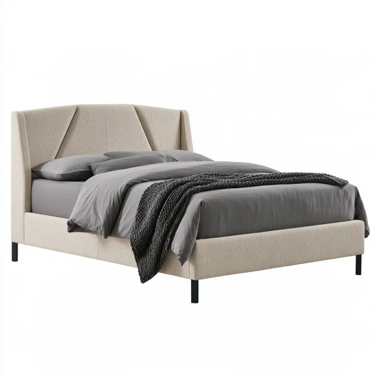 Queen Upholstered Platform Bed Frame, 64 x 85 x 48 in, Beige Polyester Fabric with Wingback Headboard