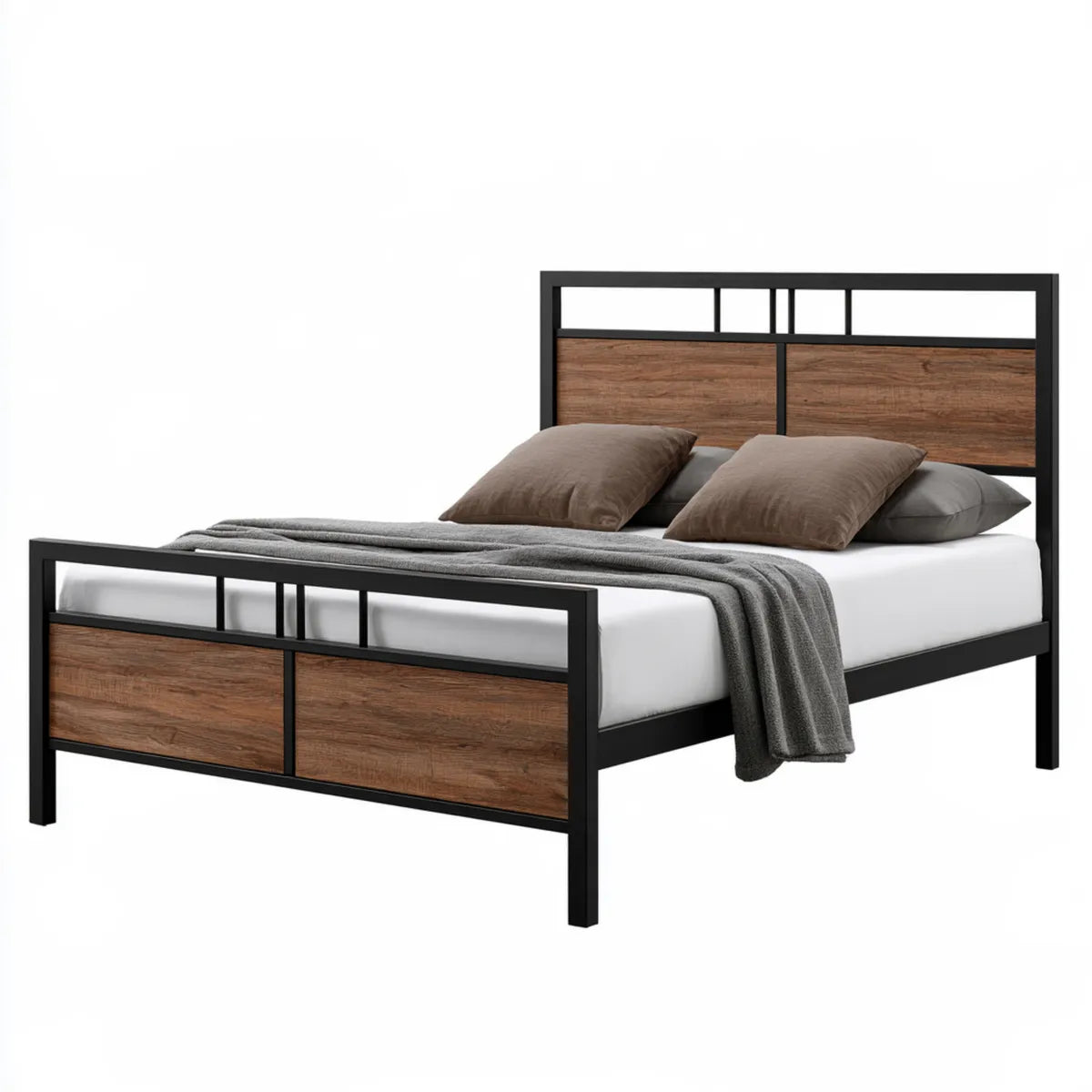 Queen Metal and Wood Platform Bed Frame, Black/Brown, 83 x 62 x 41 in, Fits 80 x 60 in Mattress