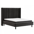 Queen Upholstered Platform Bed Frame, 64 x 86 x 52 in, Black Polyester Velvet, Vertical Channel-Tufted Headboard