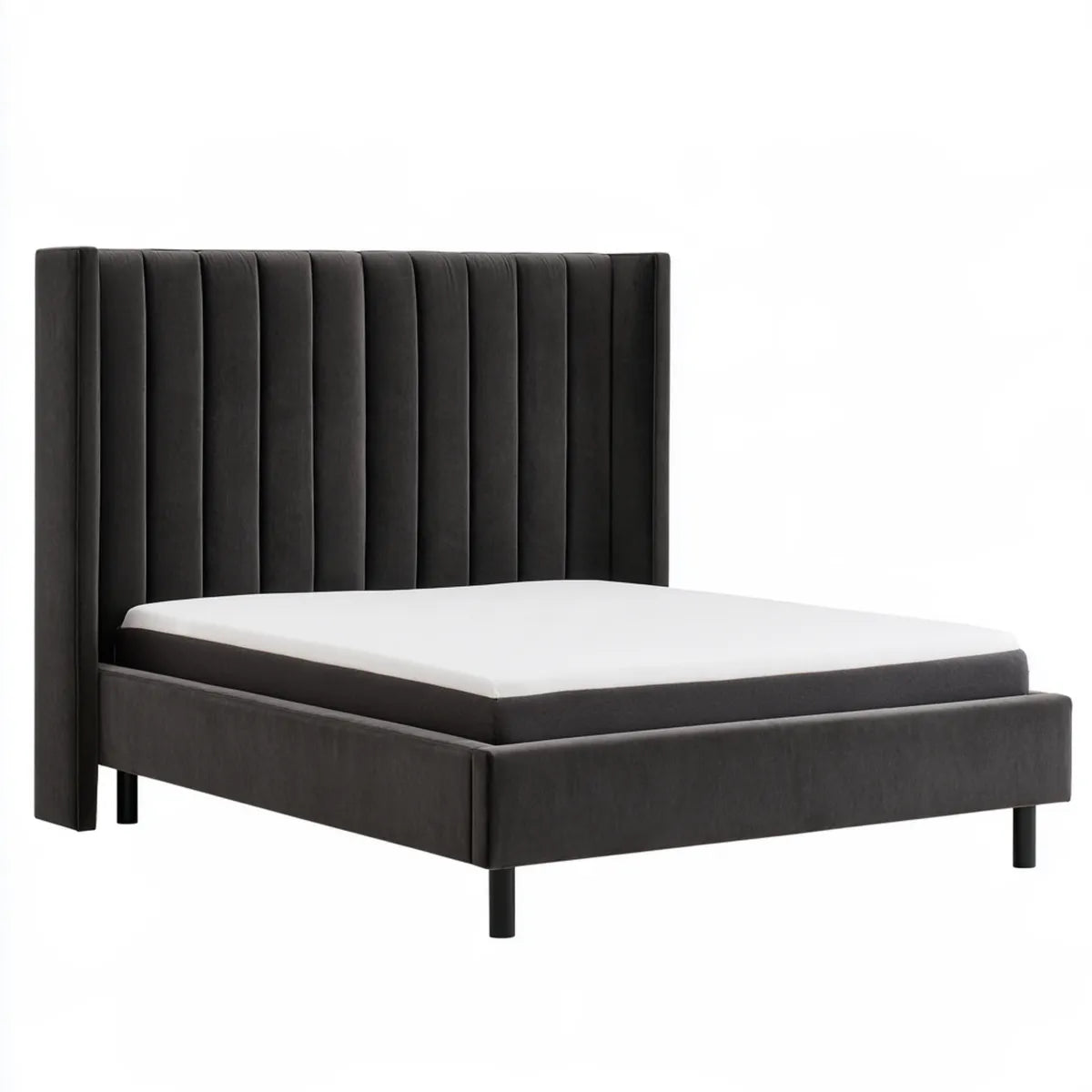 Queen Upholstered Platform Bed Frame, 64 x 86 x 52 in, Black Polyester Velvet, Vertical Channel-Tufted Headboard