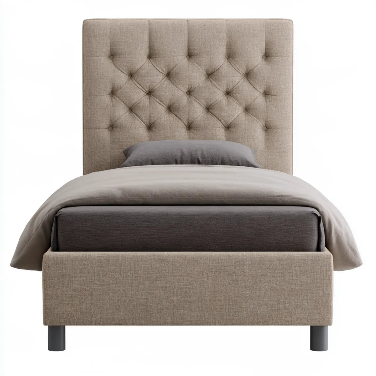 Full Upholstered Platform Bed Frame, 57 x 80 x 54 in, Beige Polyester Fabric, Button-Tufted Headboard
