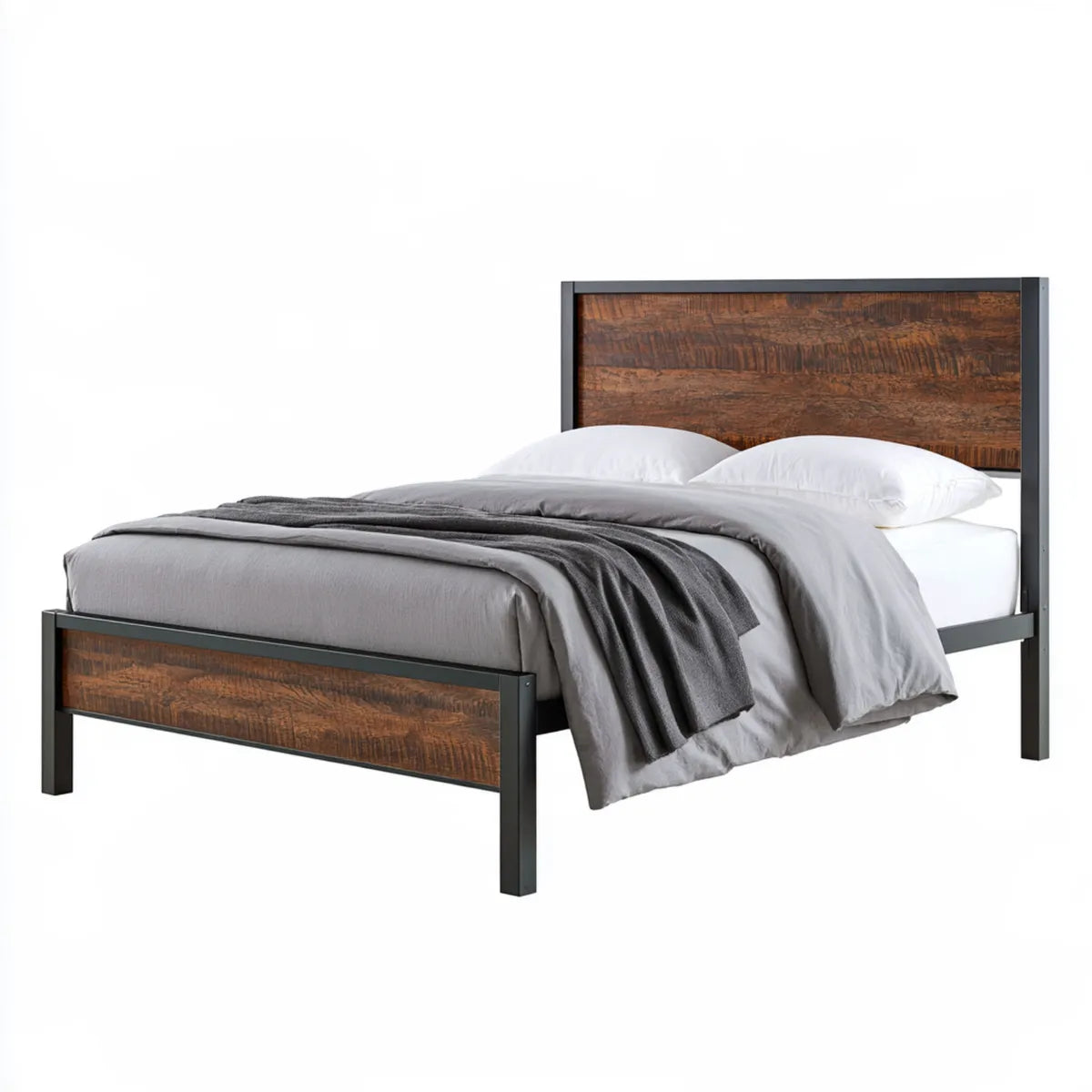 Queen Platform Bed Frame, 83.5 x 61.4 x 42.5 in, Brown/Black Steel and MDF