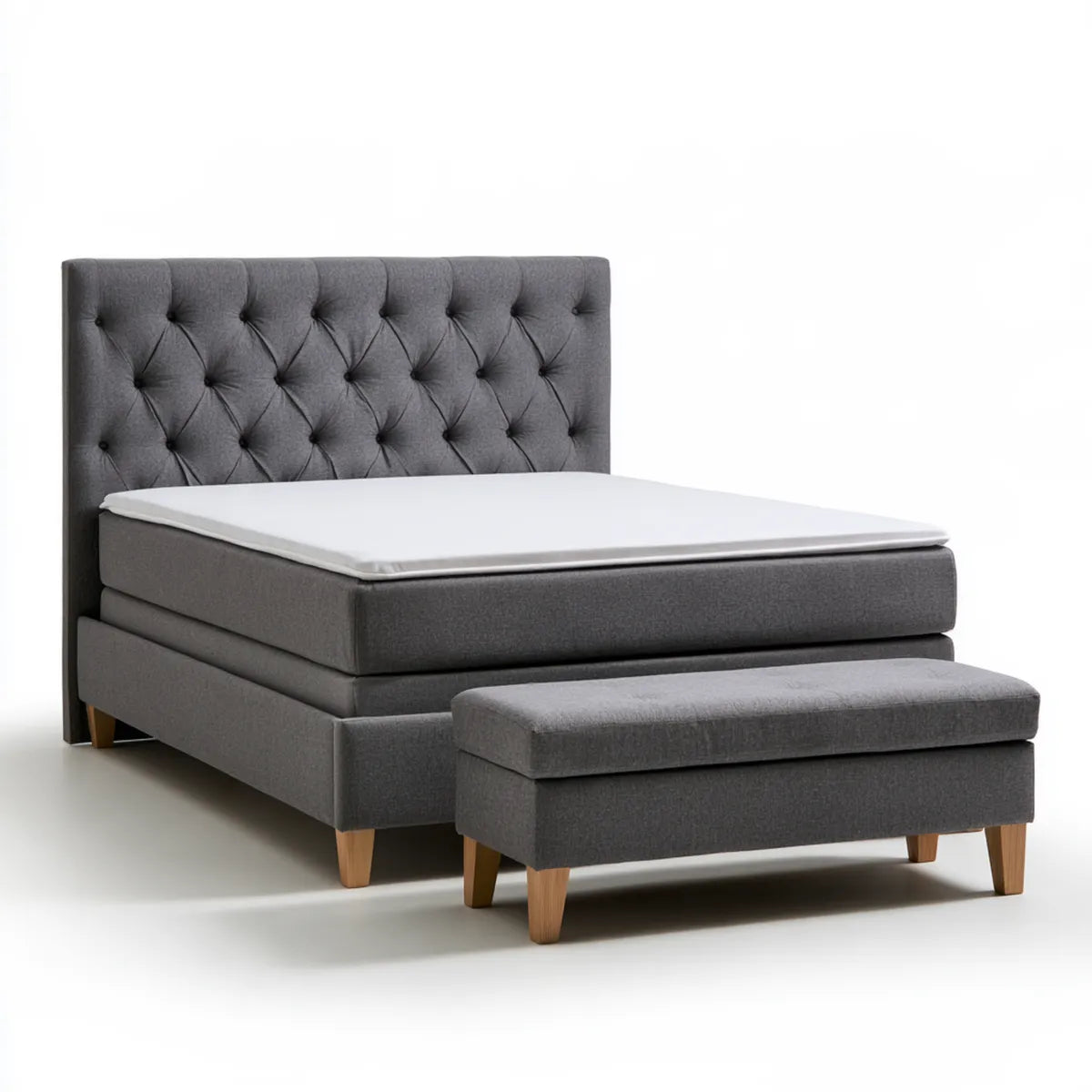 Queen Upholstered Platform Bed Frame with Tufted Headboard and Ottoman Bench, Gray Fabric, 60 x 80 in