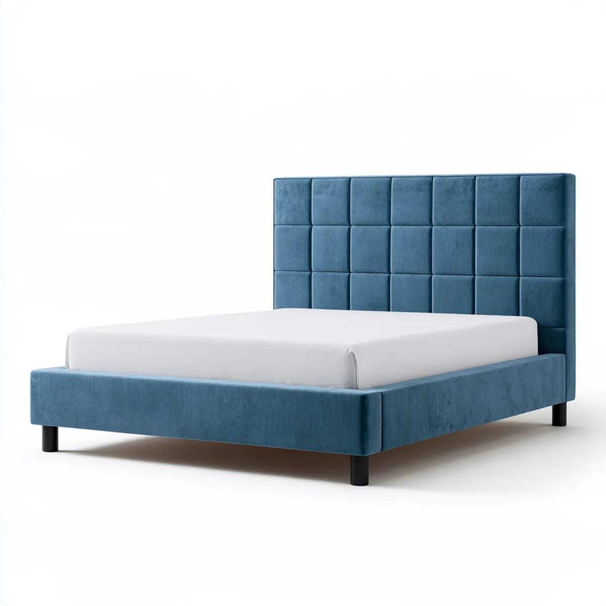 Queen Upholstered Platform Bed Frame, 65 x 86 x 52 in, Blue Polyester Velvet, Rectangular