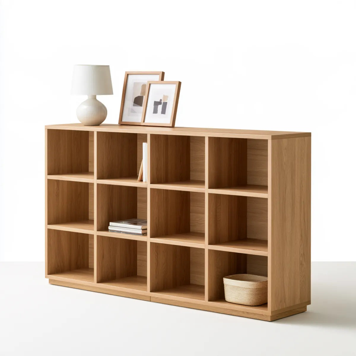 12-Cube Engineered Wood Storage Bookcase, 63 x 16 x 35.5 in, Natural Oak