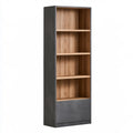 Engineered Wood Bookcase Storage Cabinet with 4 Open Shelves and Lower Door, Gray and Oak, 31.5 x 15.7 x 70.9 in