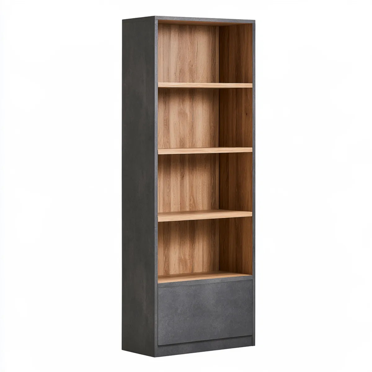 Engineered Wood Bookcase Storage Cabinet with 4 Open Shelves and Lower Door, Gray and Oak, 31.5 x 15.7 x 70.9 in