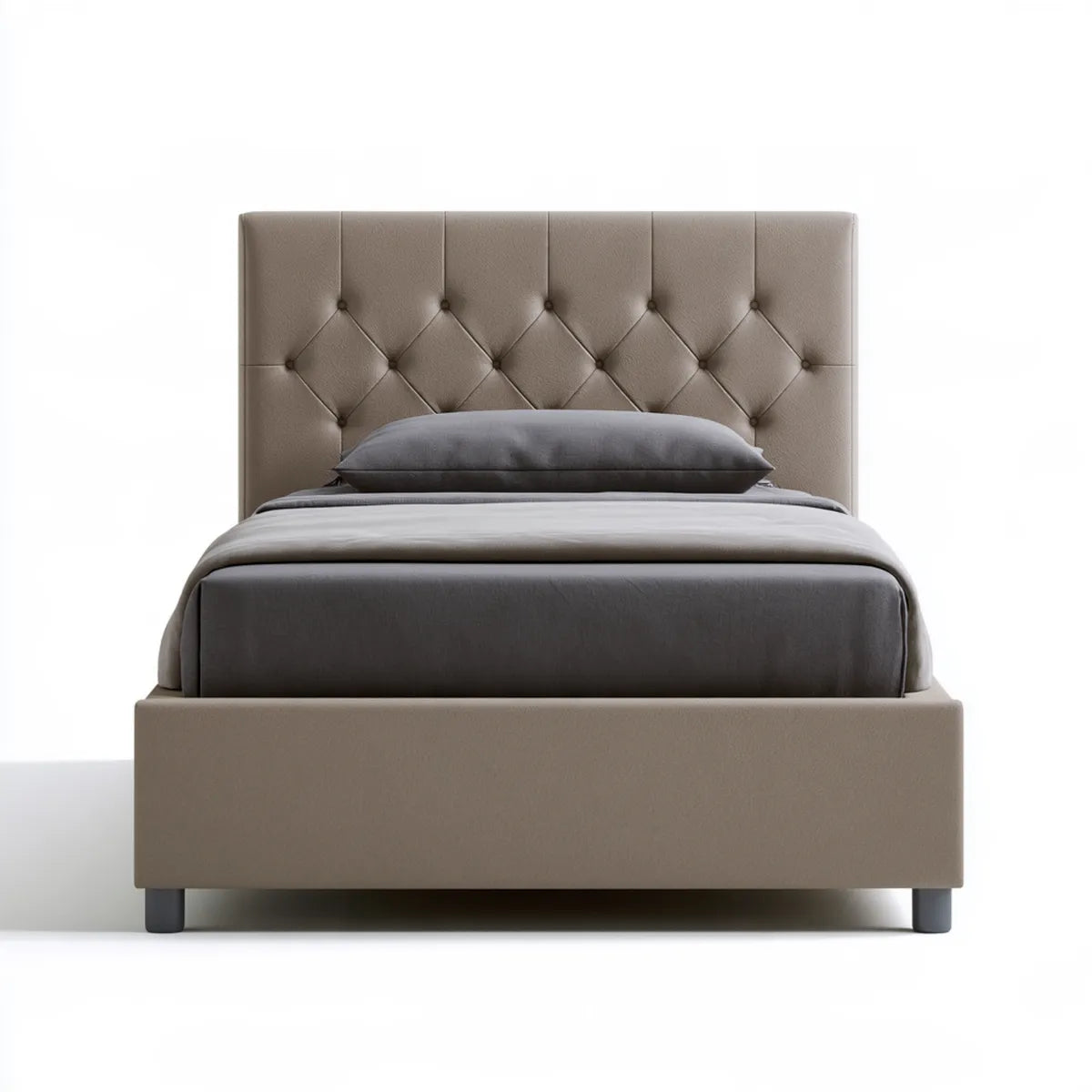 Queen Upholstered Platform Bed Frame, 63 x 85 x 54 in, Taupe PU Leather, Black Legs