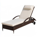 Adjustable Outdoor Patio Sun Lounger, 200 x 65 x 33 cm, Brown PE Rattan with Cream Polyester Cushion