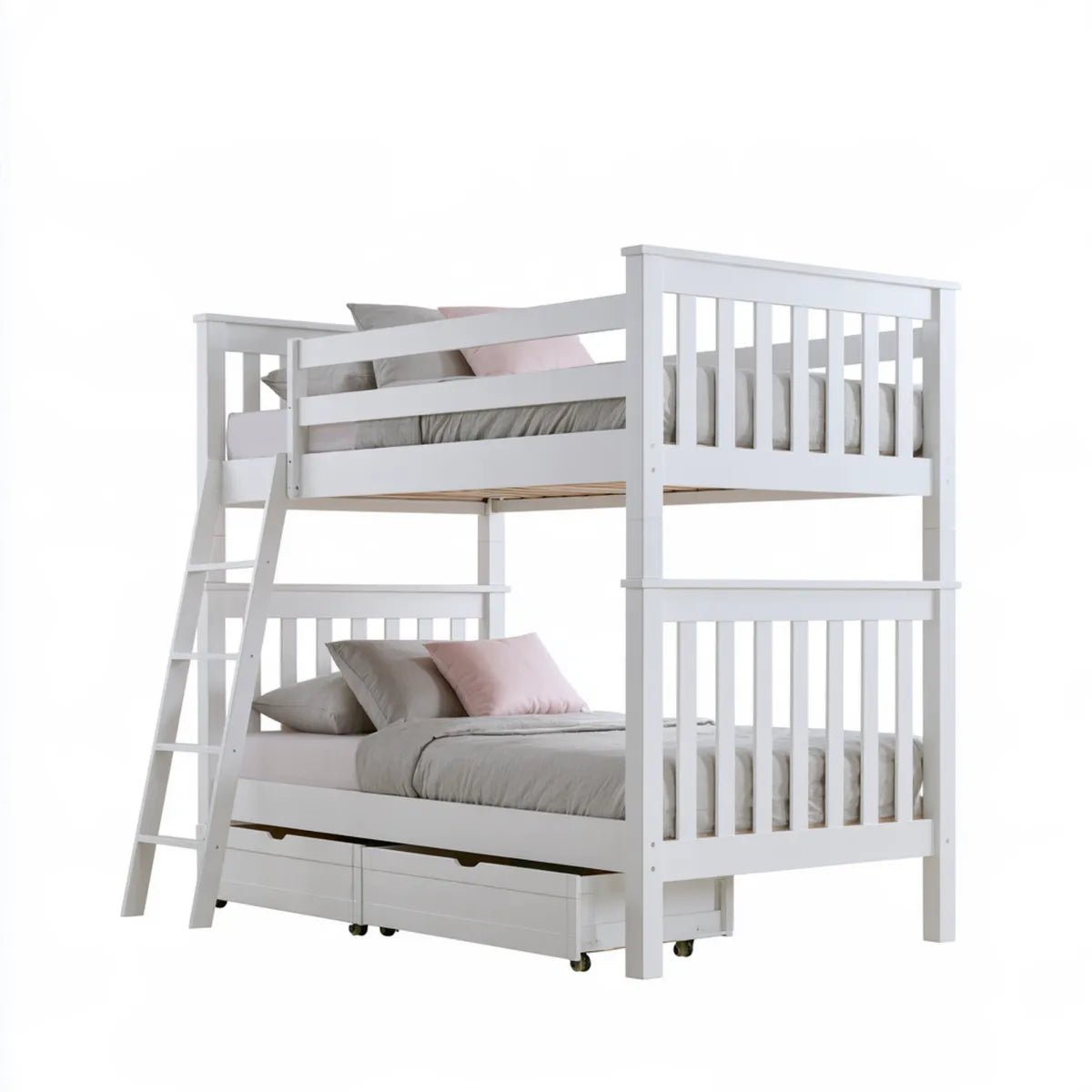 Twin Over Twin Bunk Bed with 2 Storage Drawers, White Painted Pine Wood, 80 x 42 x 65 in